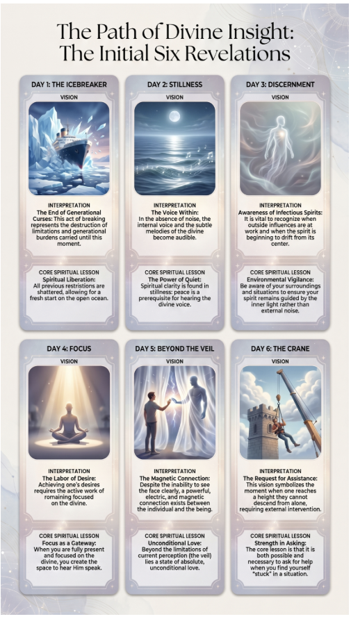 The Path of Divine Insight — six visual prompt cards covering Icebreaker, Stillness, Discernment, Focus, Beyond the Veil, and The Crane